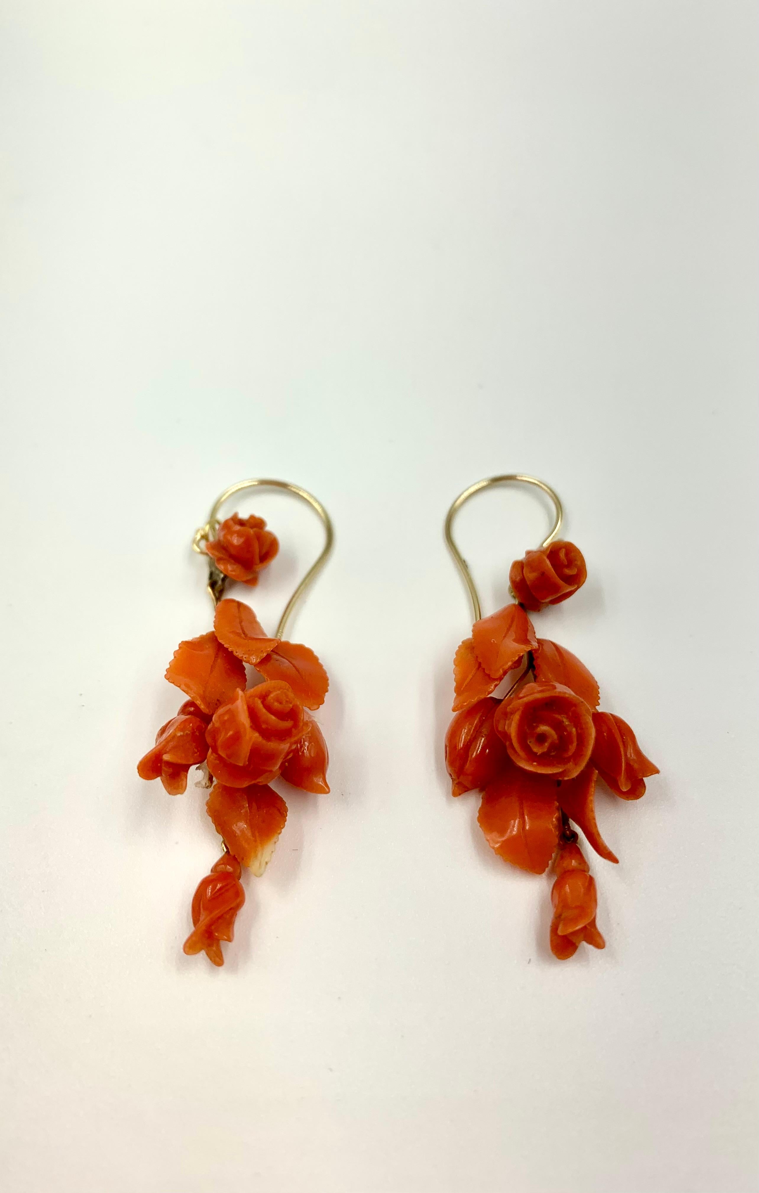 Pair 19th Century Carved Coral Rosebud and Leaf 14K Yellow Gold Earrings For Sale 3