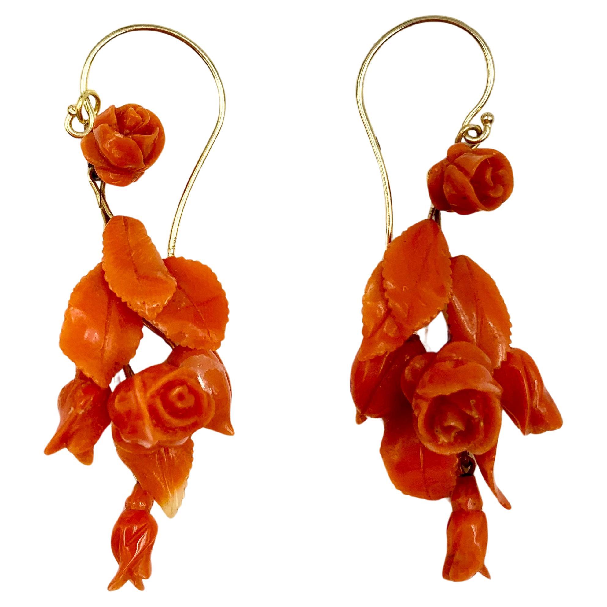 Pair 19th Century Carved Coral Rosebud and Leaf 14K Yellow Gold Earrings