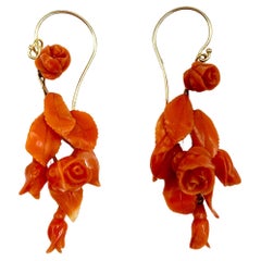 Pair 19th Century Carved Coral Rosebud and Leaf 14K Yellow Gold Earrings