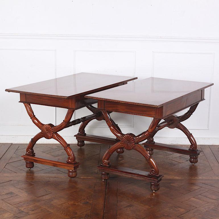 Empire Revival Pair of 19th Century Carved Mahogany Empire Style Console Tables