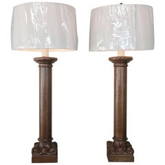 Antique Pair of 19th Century Carved Oak Column Table Lamps