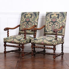 Pair 19th Century Carved Oak Renaissance Revival Barley Twist Armchairs