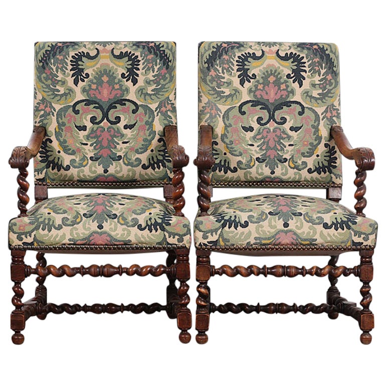 Pair 19th Century Carved Oak Renaissance Revival Barley Twist Armchairs