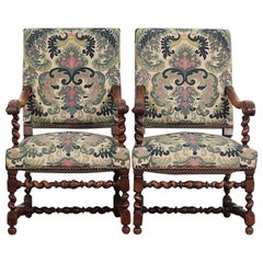 Pair 19th Century Carved Oak Renaissance Revival Barley Twist Armchairs