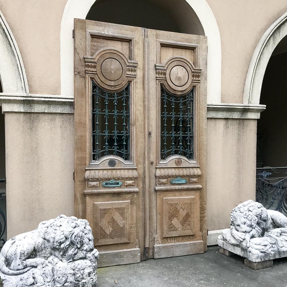 Napoleon III Pair of 19th Century Carved and Stripped Oak Doors with Wrought Iron