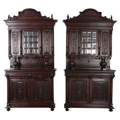 Pair 19th Century Carved Walnut Belgian Henri II Style Buffet Hutches