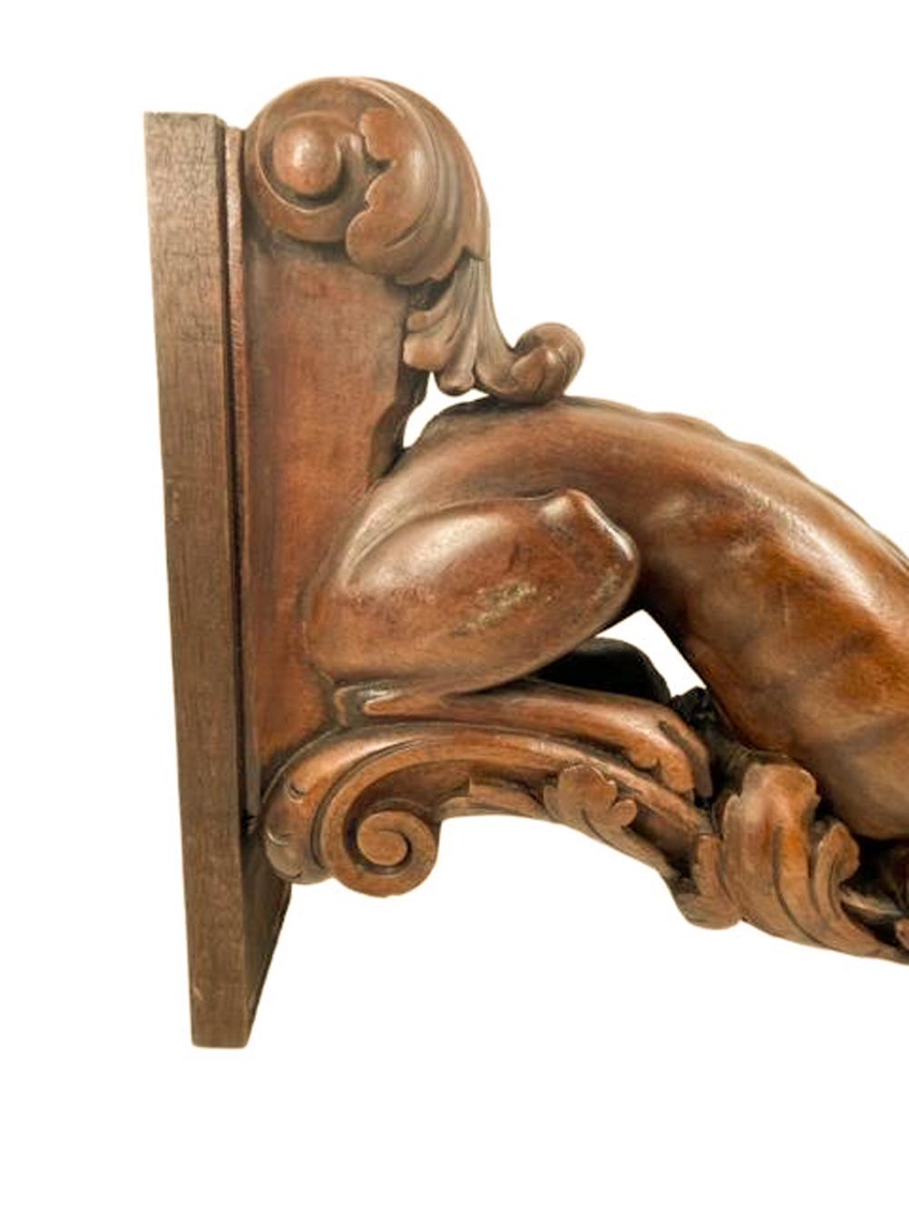 Pair 19th Century Carved Wood Figures of Recumbent Whippets on Foliate Brackets For Sale 6
