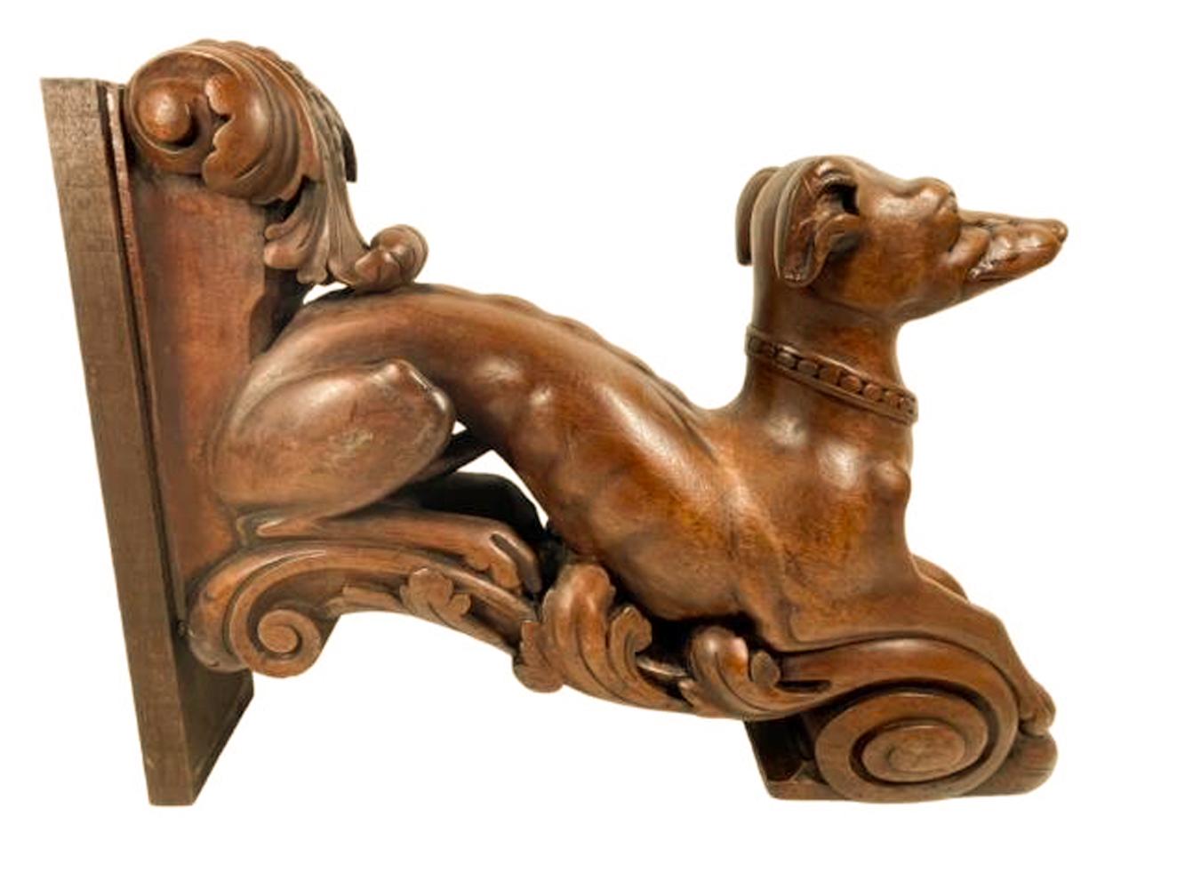 Pair 19th Century Carved Wood Figures of Recumbent Whippets on Foliate Brackets For Sale 7