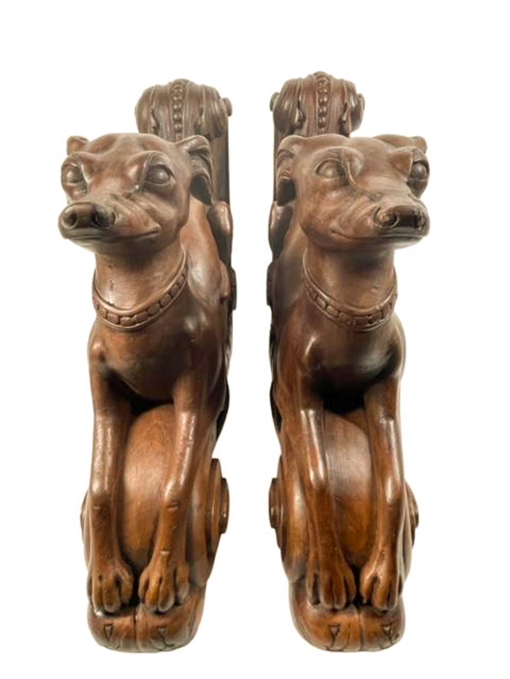 Pair 19th Century Carved Wood Figures of Recumbent Whippets on Foliate Brackets In Good Condition For Sale In Chapel Hill, NC