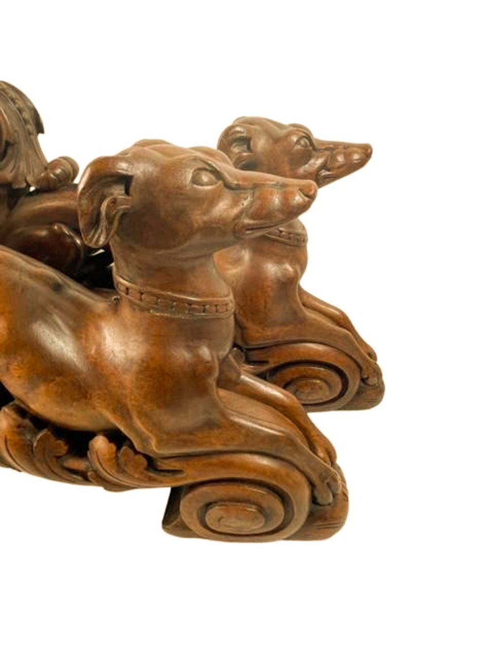 Pair 19th Century Carved Wood Figures of Recumbent Whippets on Foliate Brackets For Sale 3
