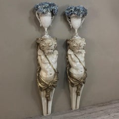 Pair 19th Century Carved Wood Polychrome Cherub Statues