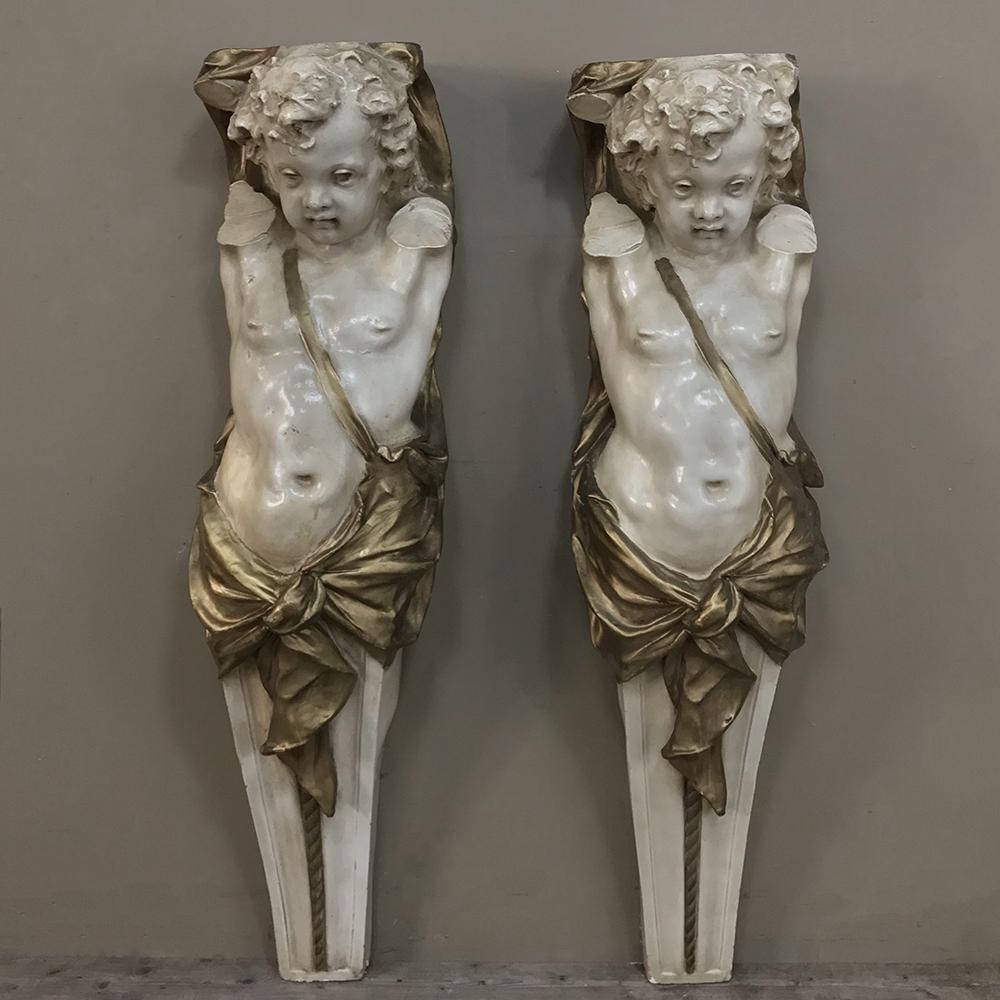 French Pair 19th Century Carved Wood Polychrome Cherub Statues