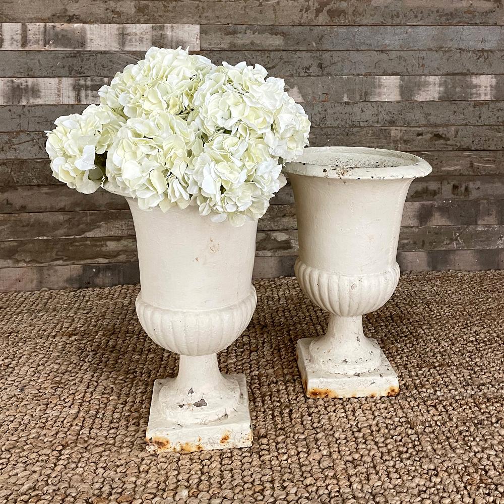 Pair 19th century cast iron jardinieres ~ Garden Urns are perfect for adding an Old World touch to your sunroom, patio or garden! Classic architecture recalls the glory years of ancient Greek and Roman civilizations. Most recently painted white,