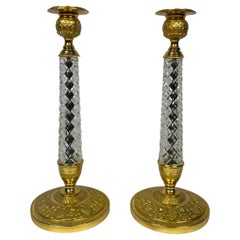 Pareja, Siglo XIX Candeleros Charles X de Bronce Dorado y Cristal