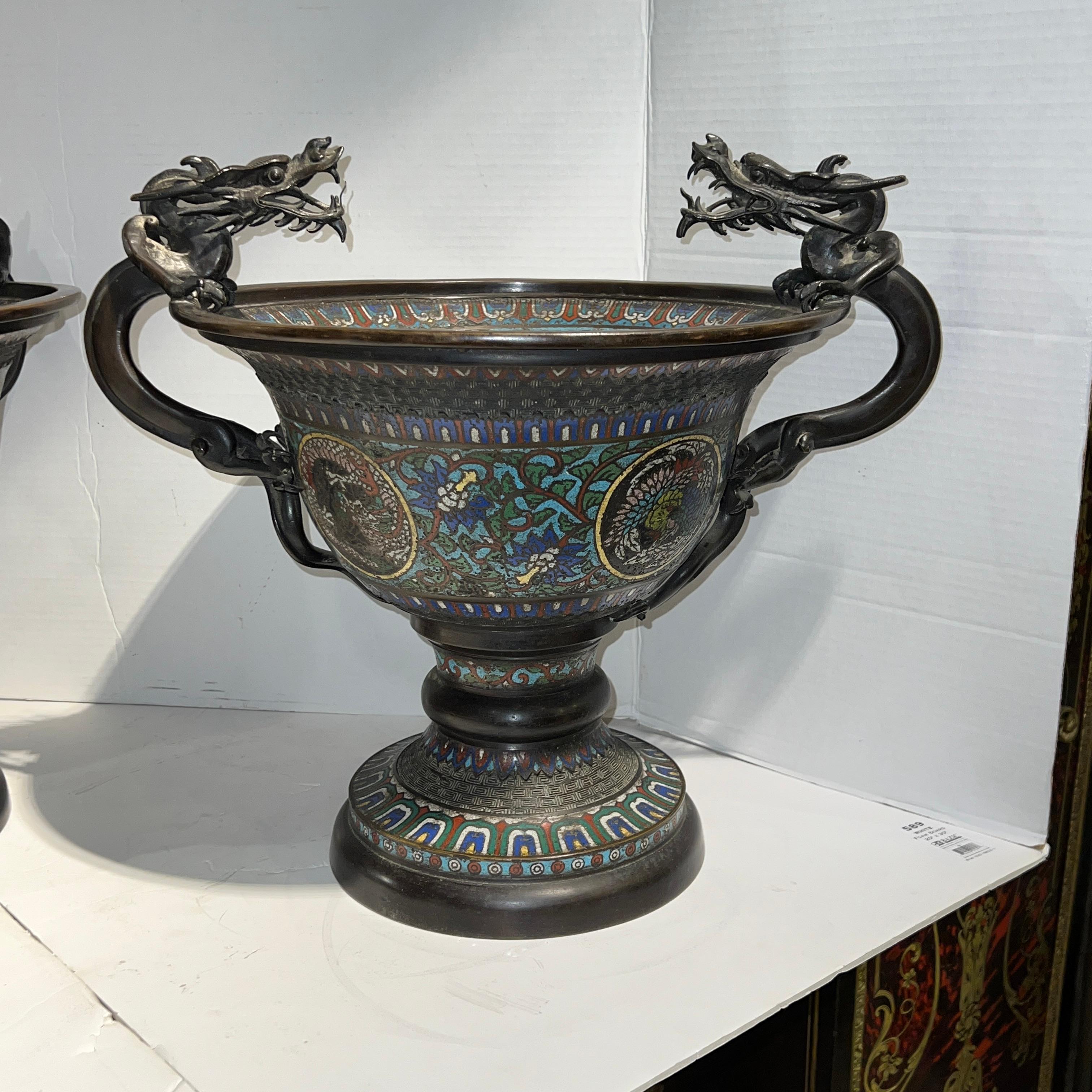 Pair 19th century Chinese Archaic Style Champleve Bronze Centerpiece Bowls For Sale 11