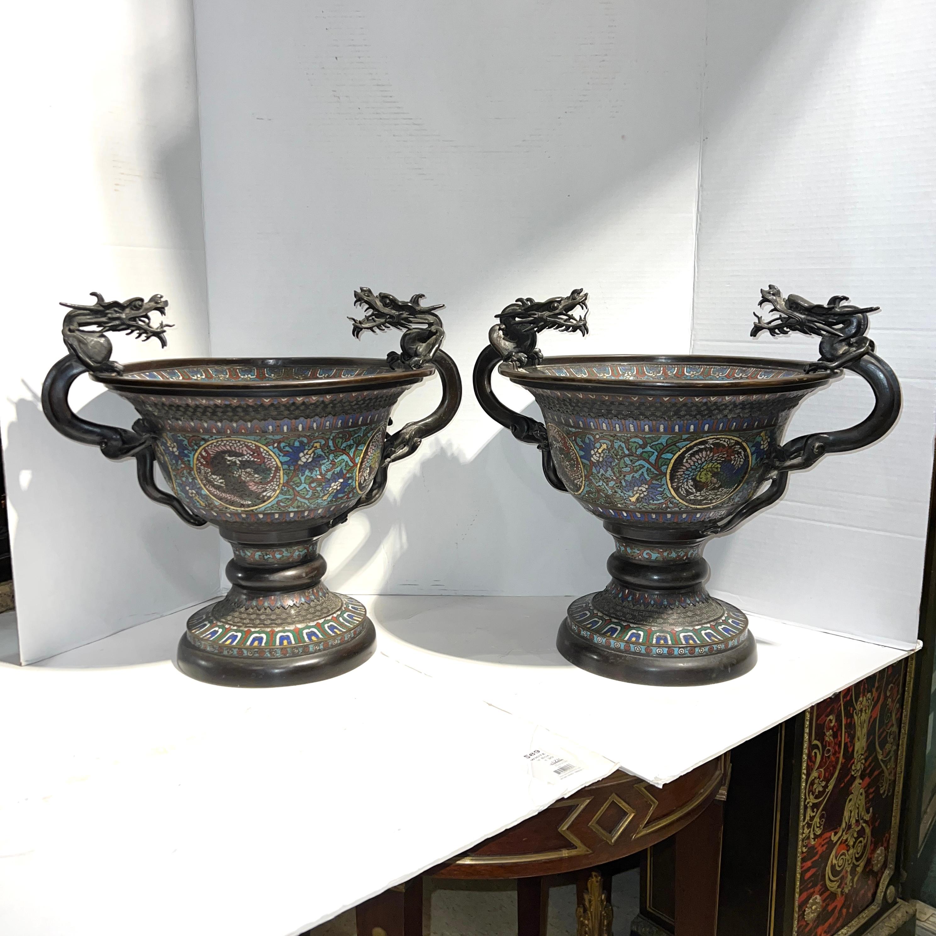 Champlevé Pair 19th century Chinese Archaic Style Champleve Bronze Centerpiece Bowls For Sale