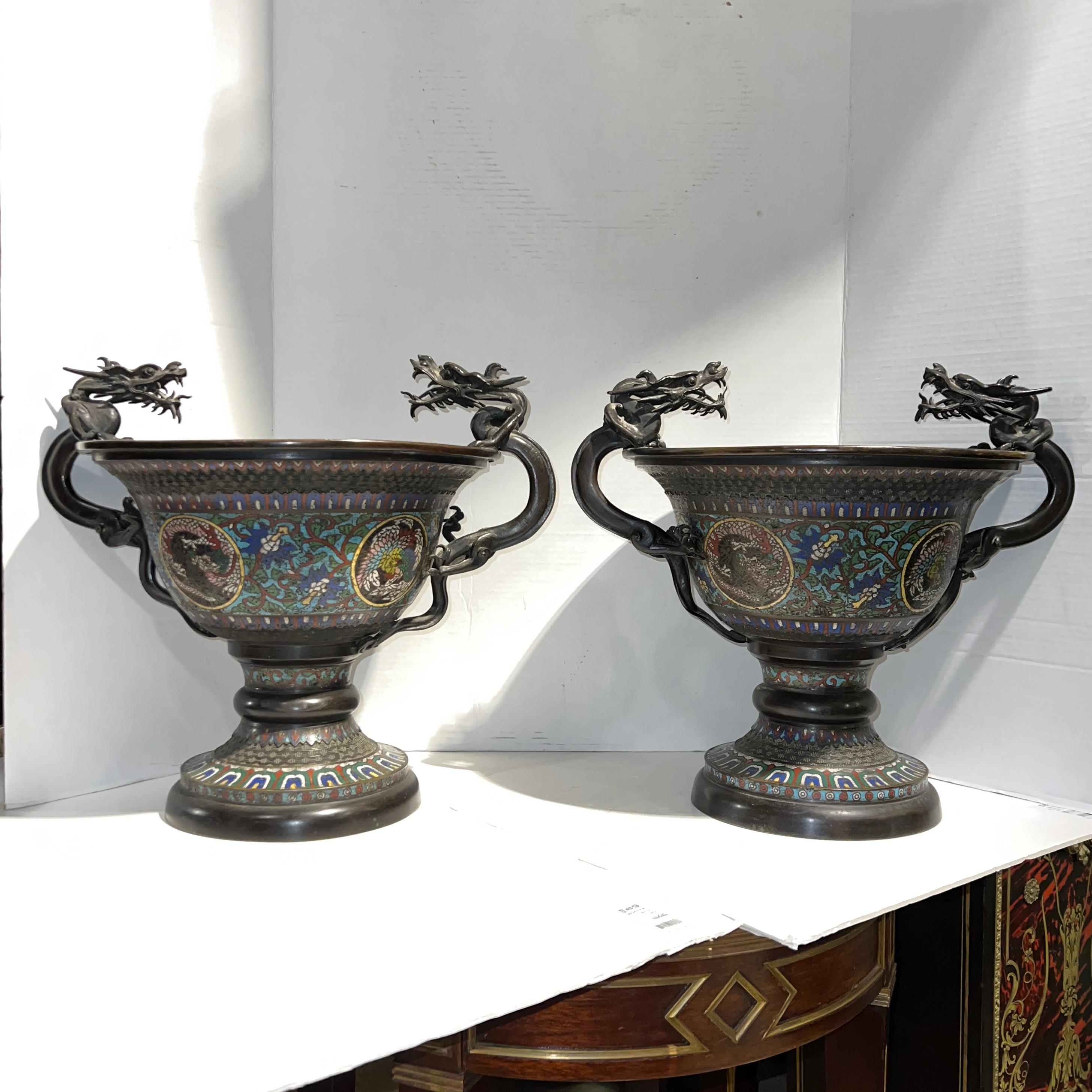 19th Century Pair 19th century Chinese Archaic Style Champleve Bronze Centerpiece Bowls For Sale