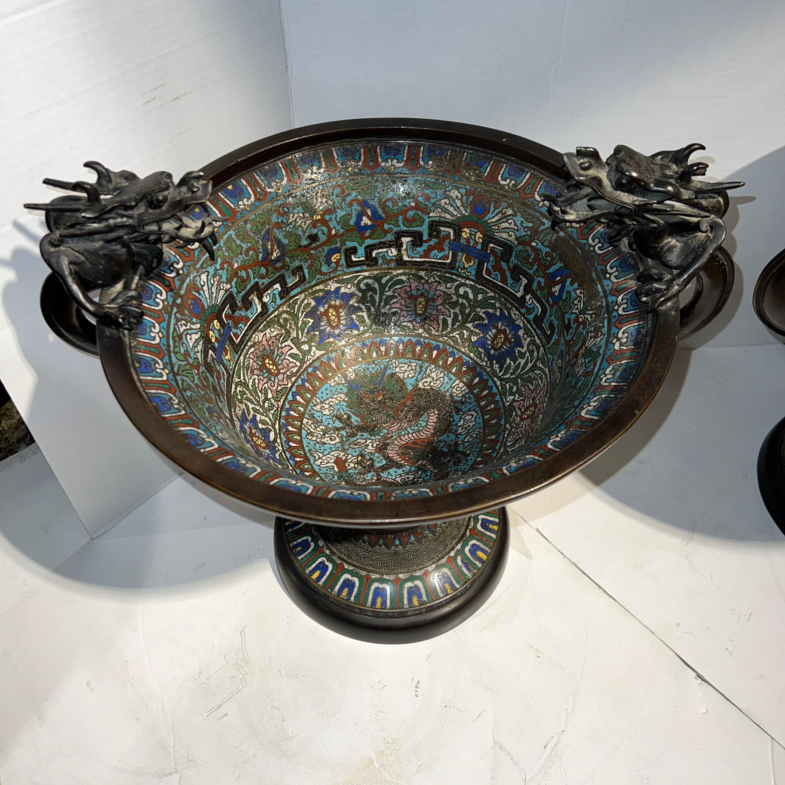 Pair 19th century Chinese Archaic Style Champleve Bronze Centerpiece Bowls For Sale 2