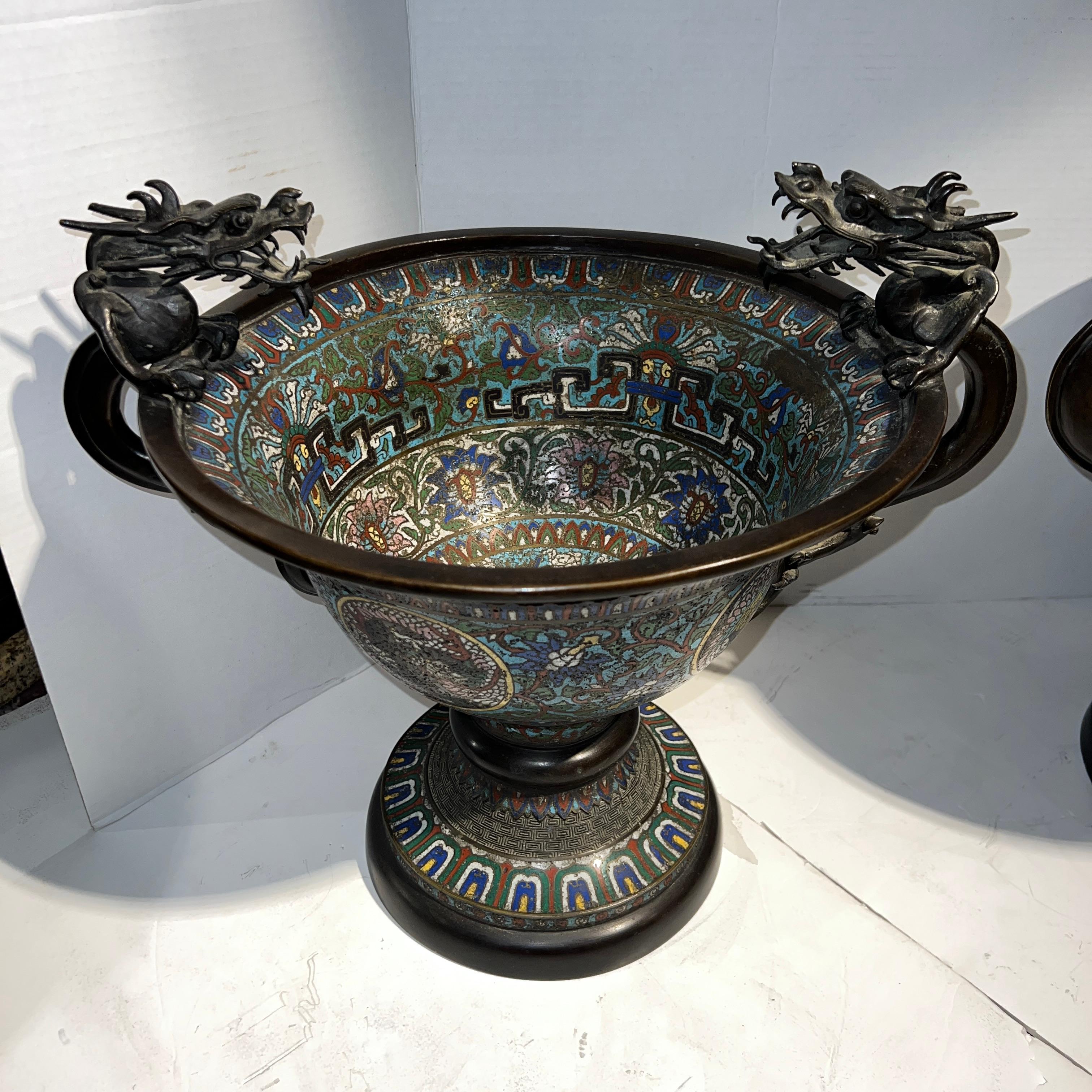 Pair 19th century Chinese Archaic Style Champleve Bronze Centerpiece Bowls For Sale 3