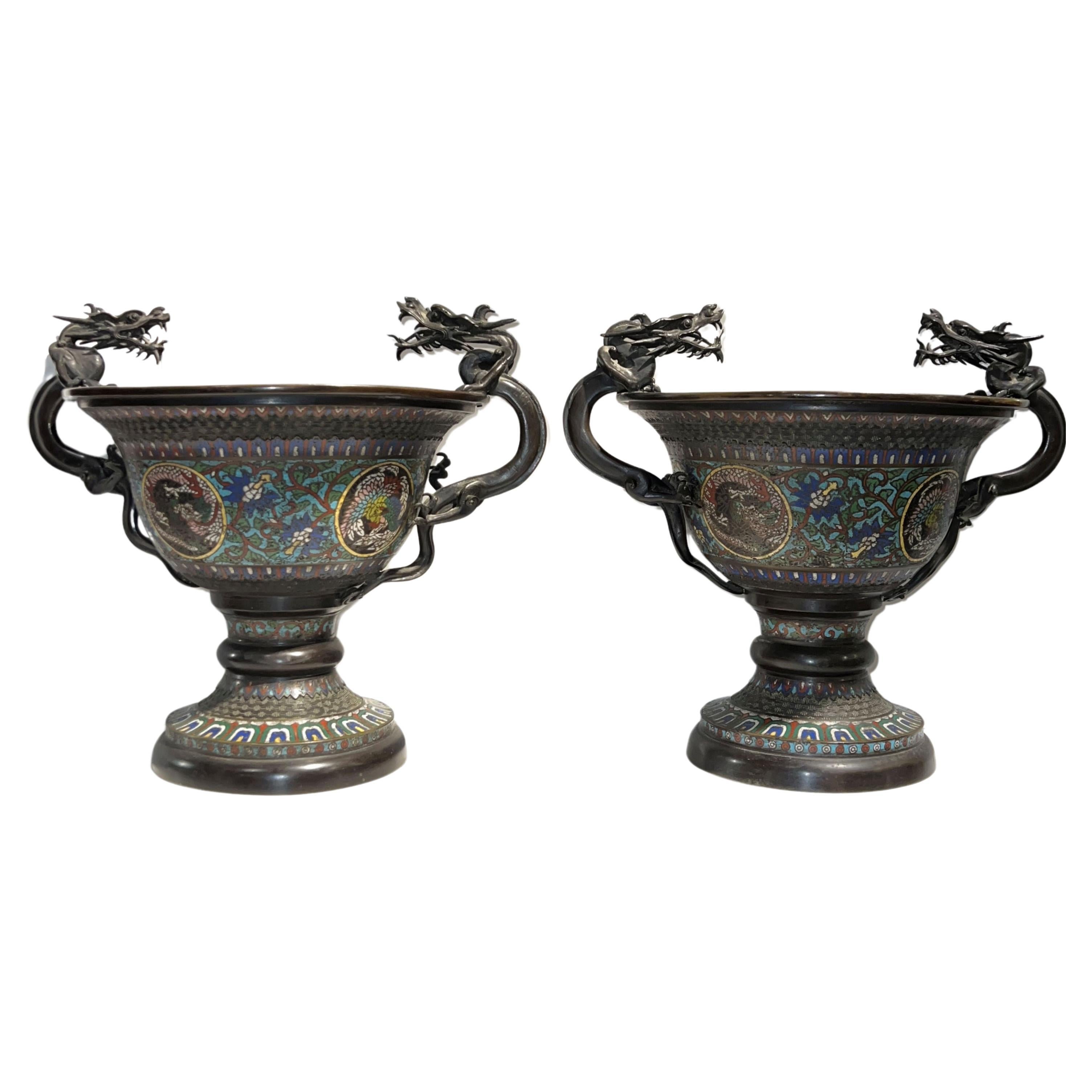 Pair 19th century Chinese Archaic Style Champleve Bronze Centerpiece Bowls For Sale