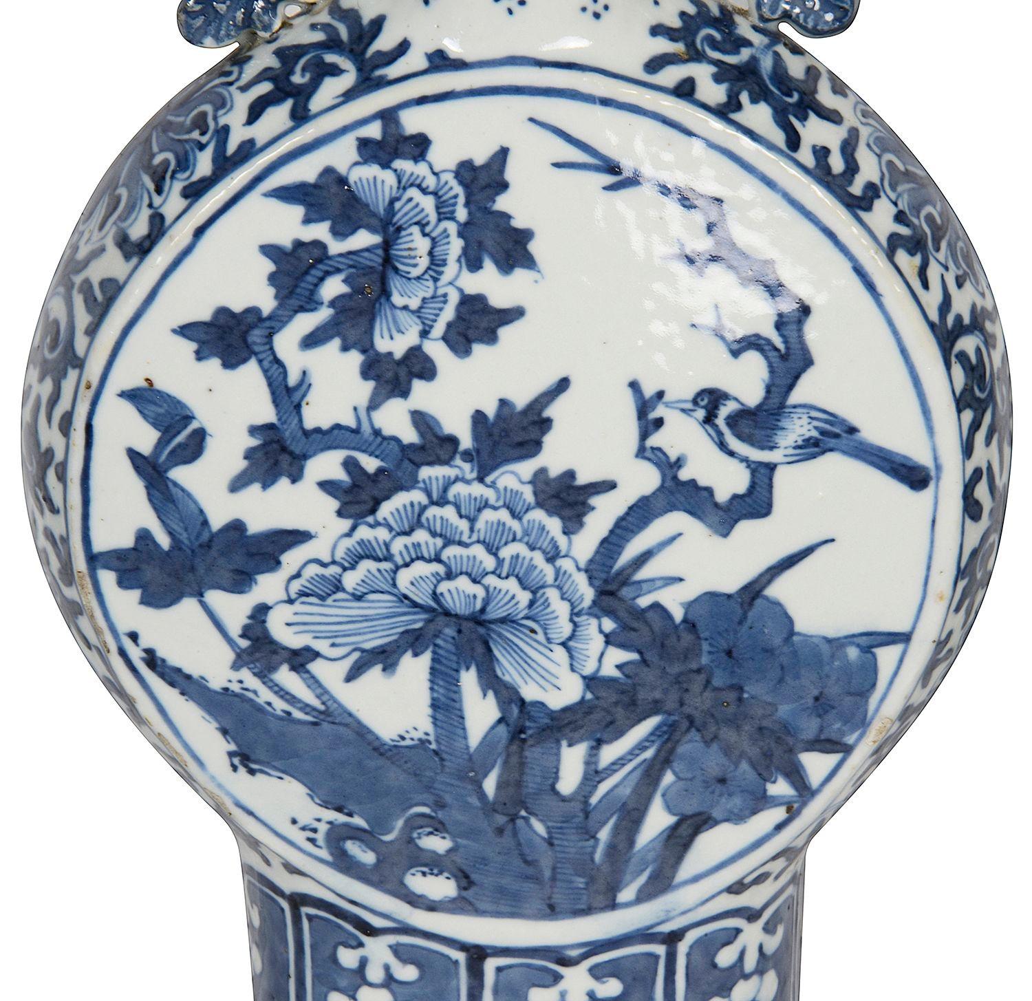 Hand-Painted Pair 19th Century Chinese Blue and White Moon flasks. For Sale