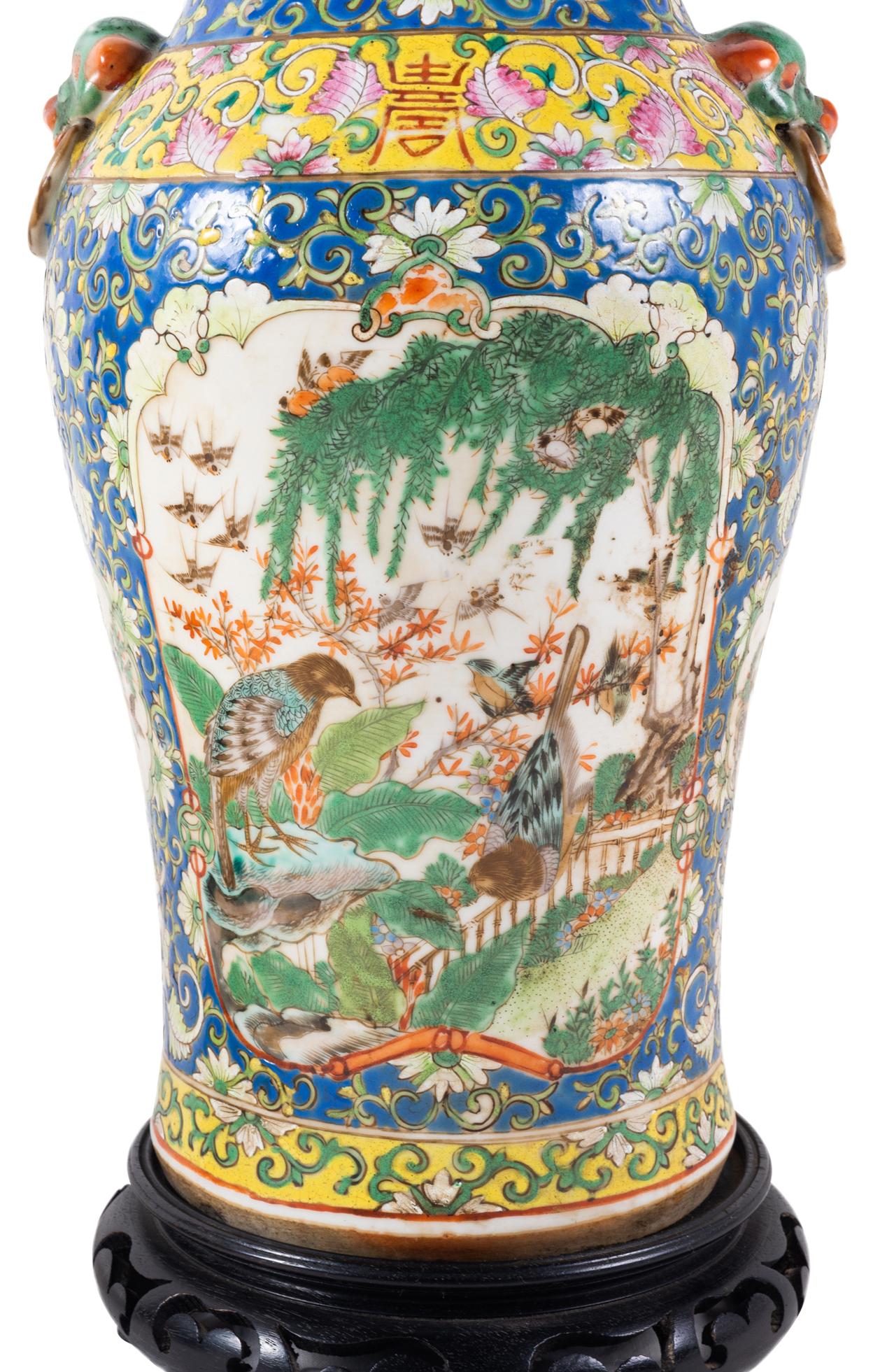 Hand-Painted Pair of 19th Century Chinese Cantonese Porcelain Vases Lamps