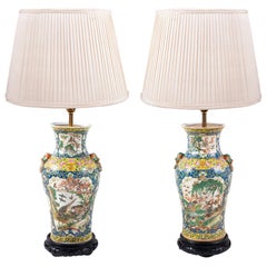 Pair of 19th Century Chinese Cantonese Porcelain Vases Lamps