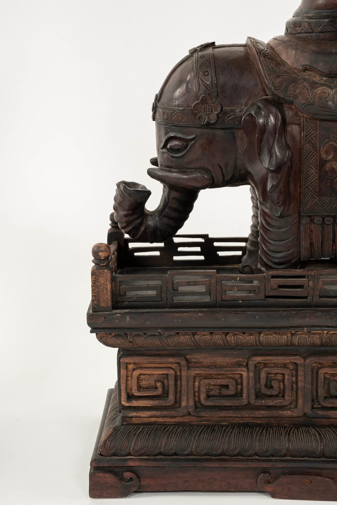Pair 19th Century Chinese Carved Zitan Elephants Bronze Cloisonné Palm Fans For Sale 7