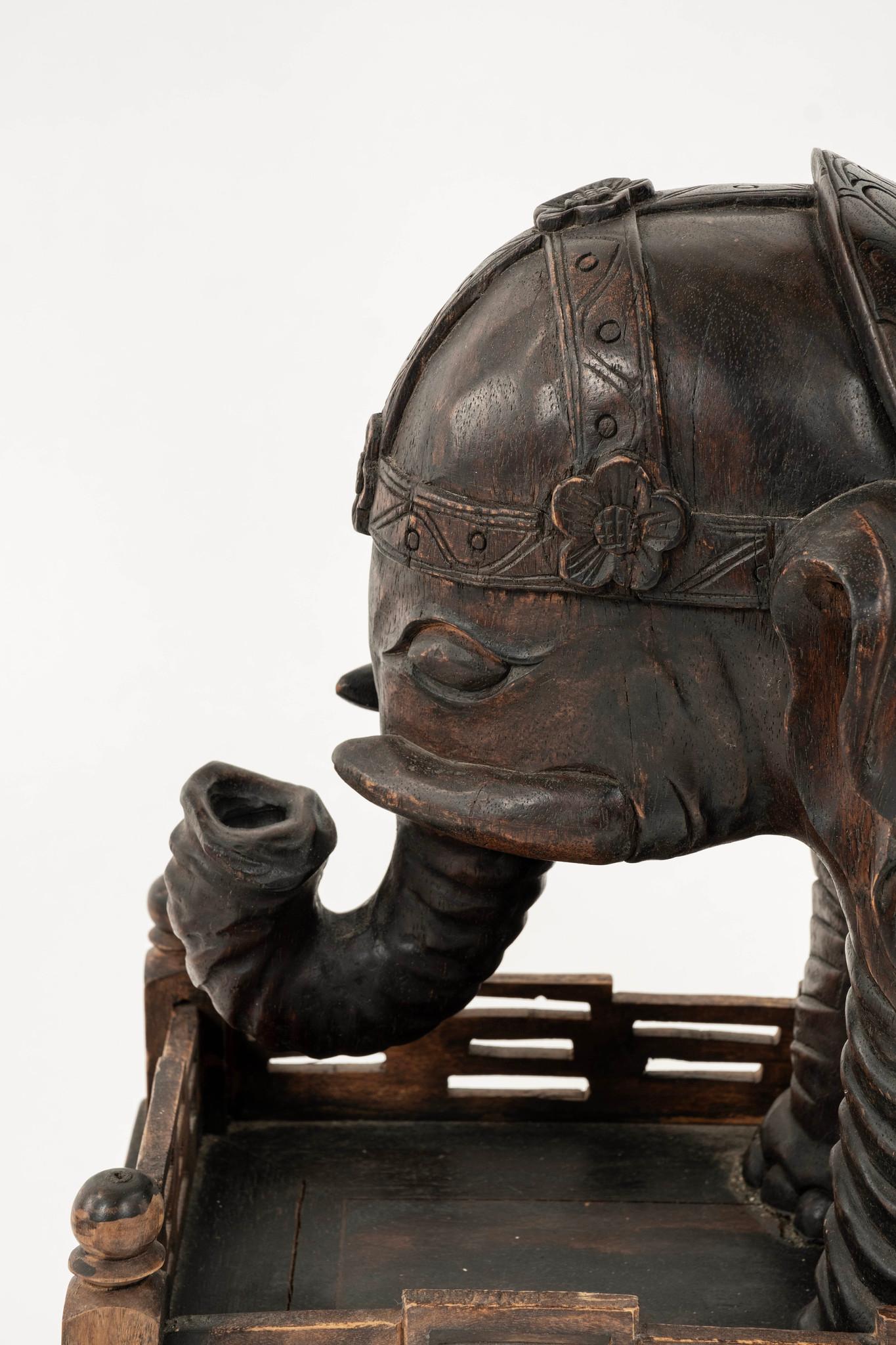 Pair 19th Century Chinese Carved Zitan Elephants Bronze Cloisonné Palm Fans For Sale 7