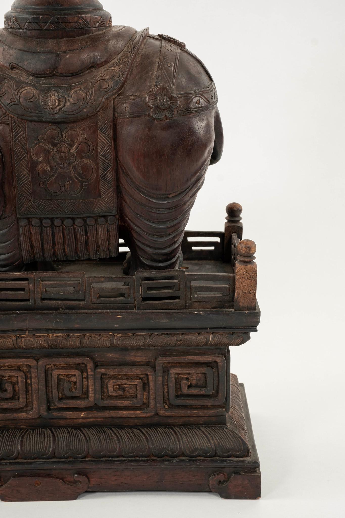 Pair 19th Century Chinese Carved Zitan Elephants Bronze Cloisonné Palm Fans For Sale 11