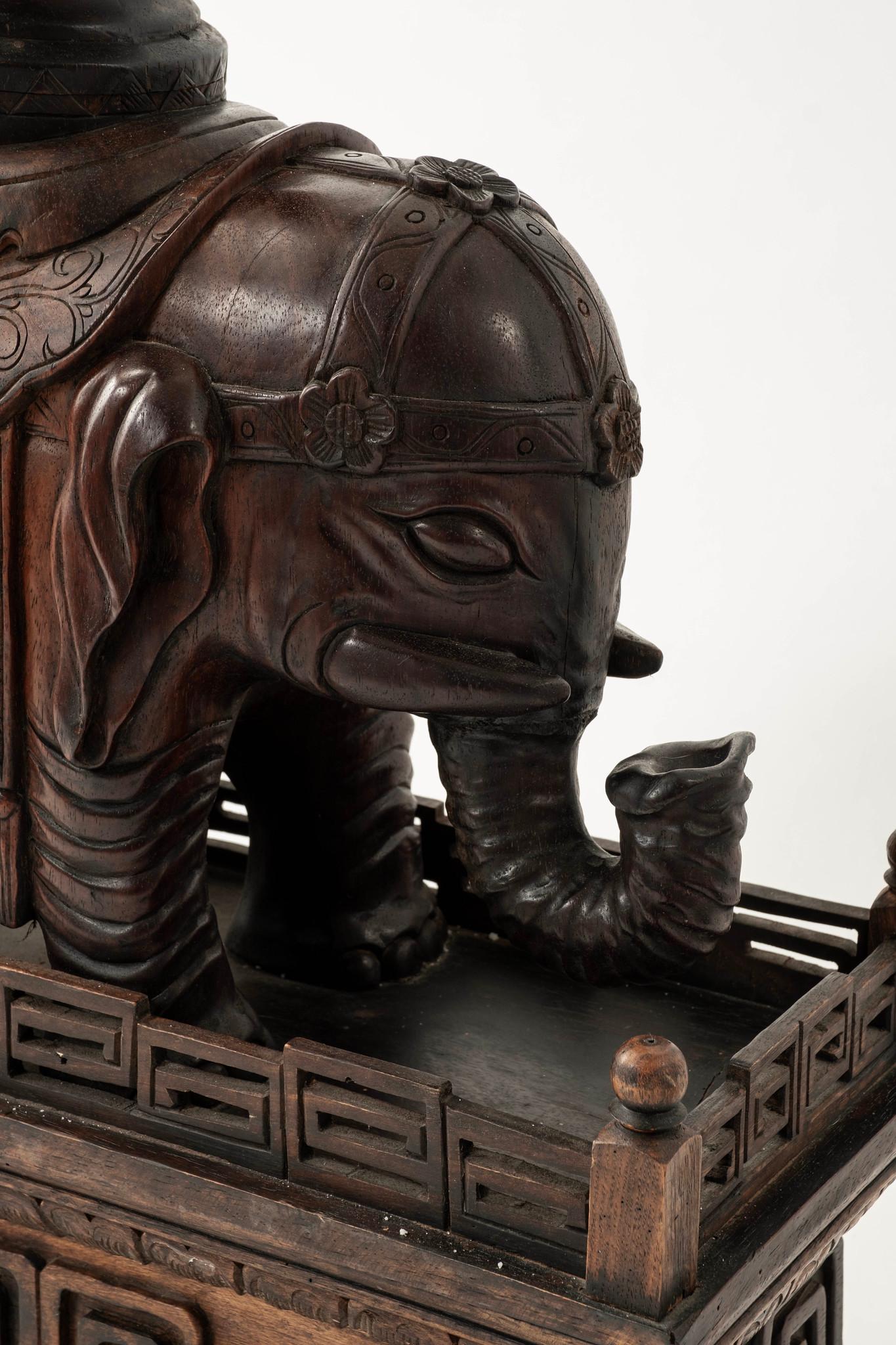 Pair 19th Century Chinese Carved Zitan Elephants Bronze Cloisonné Palm Fans For Sale 12