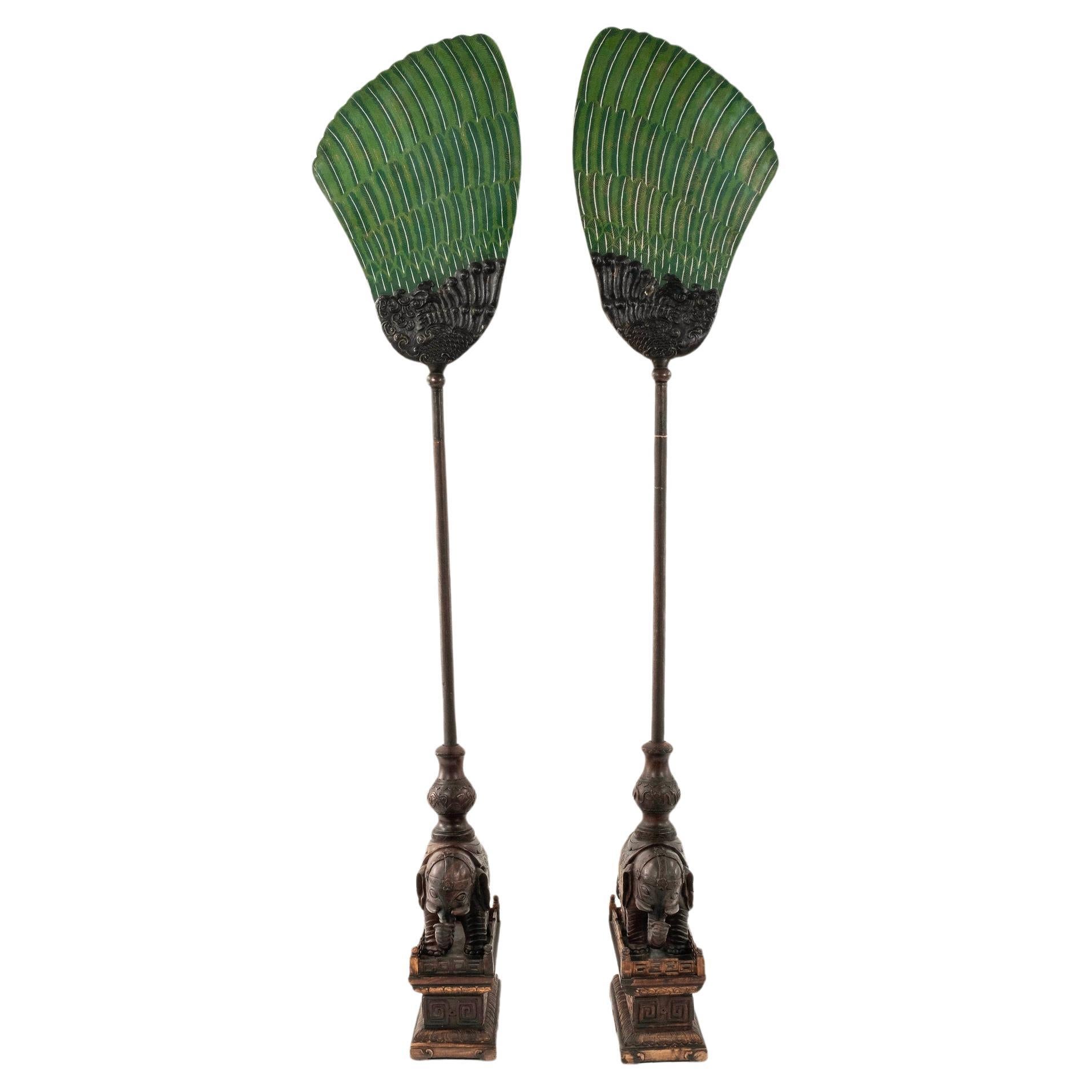 A rare  pair of 19th Century or earlier, towering Chinese bronze cloisonné Royal palm leaf fans atop hand carved titan wood poles and elephants  on gallery plinths.