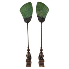 Pair 19th Century Chinese Carved Zitan Elephants Bronze Cloisonné Palm Fans