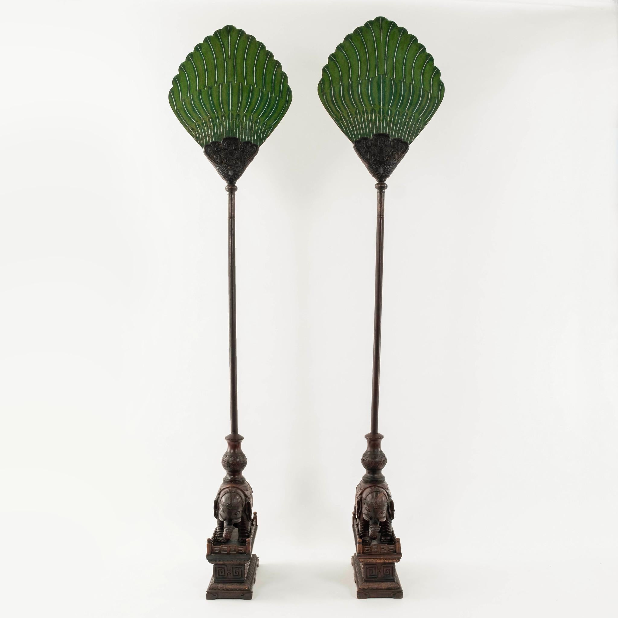 Pair 19th Century Chinese Carved Zitan Elephants Bronze Cloisonné Palm Fans In Good Condition For Sale In Houston, TX