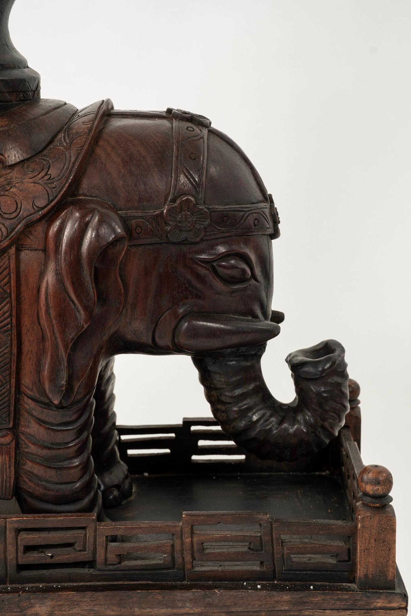 Pair 19th Century Chinese Carved Zitan Elephants Bronze Cloisonné Palm Fans For Sale 2
