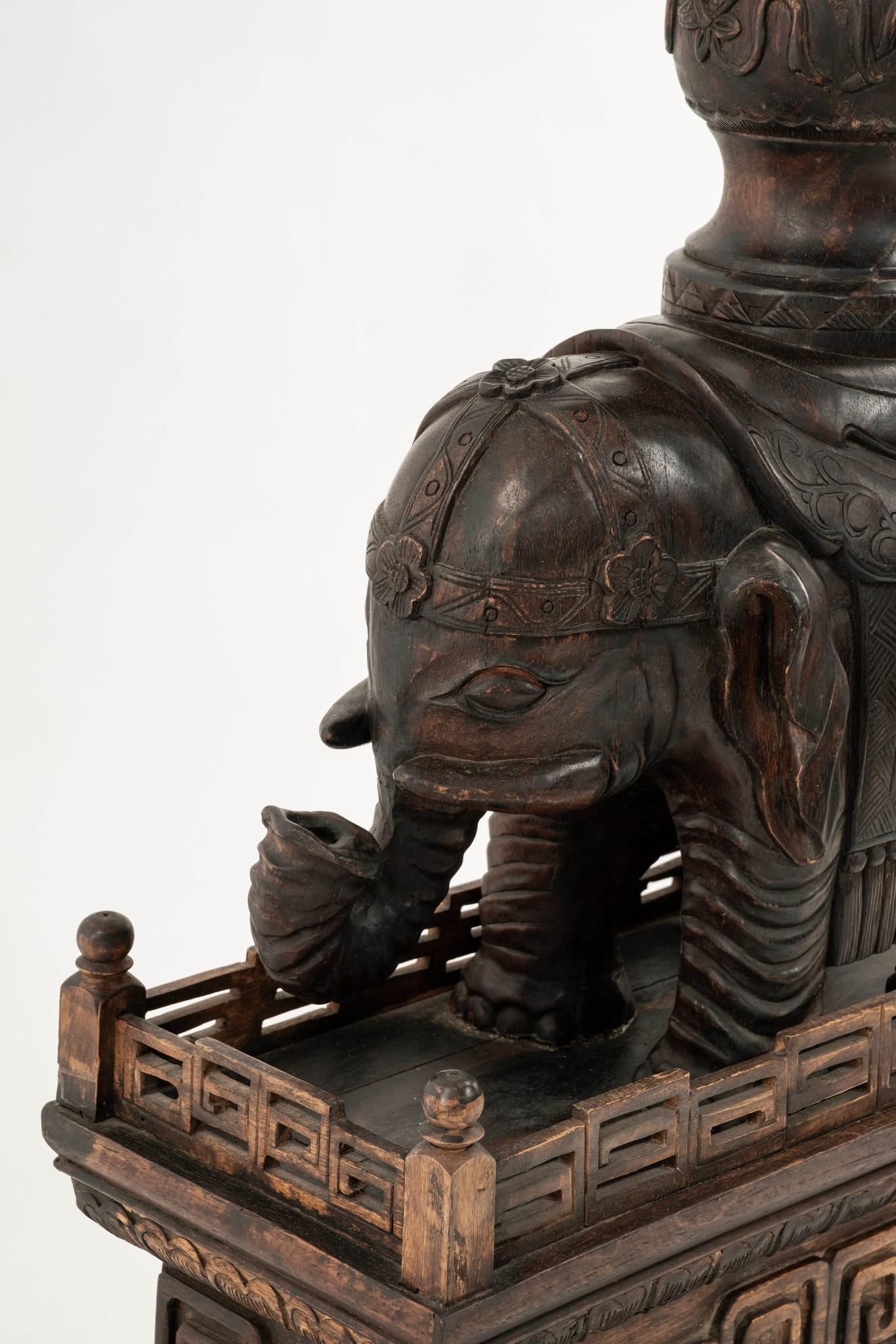 Pair 19th Century Chinese Carved Zitan Elephants Bronze Cloisonné Palm Fans For Sale 3