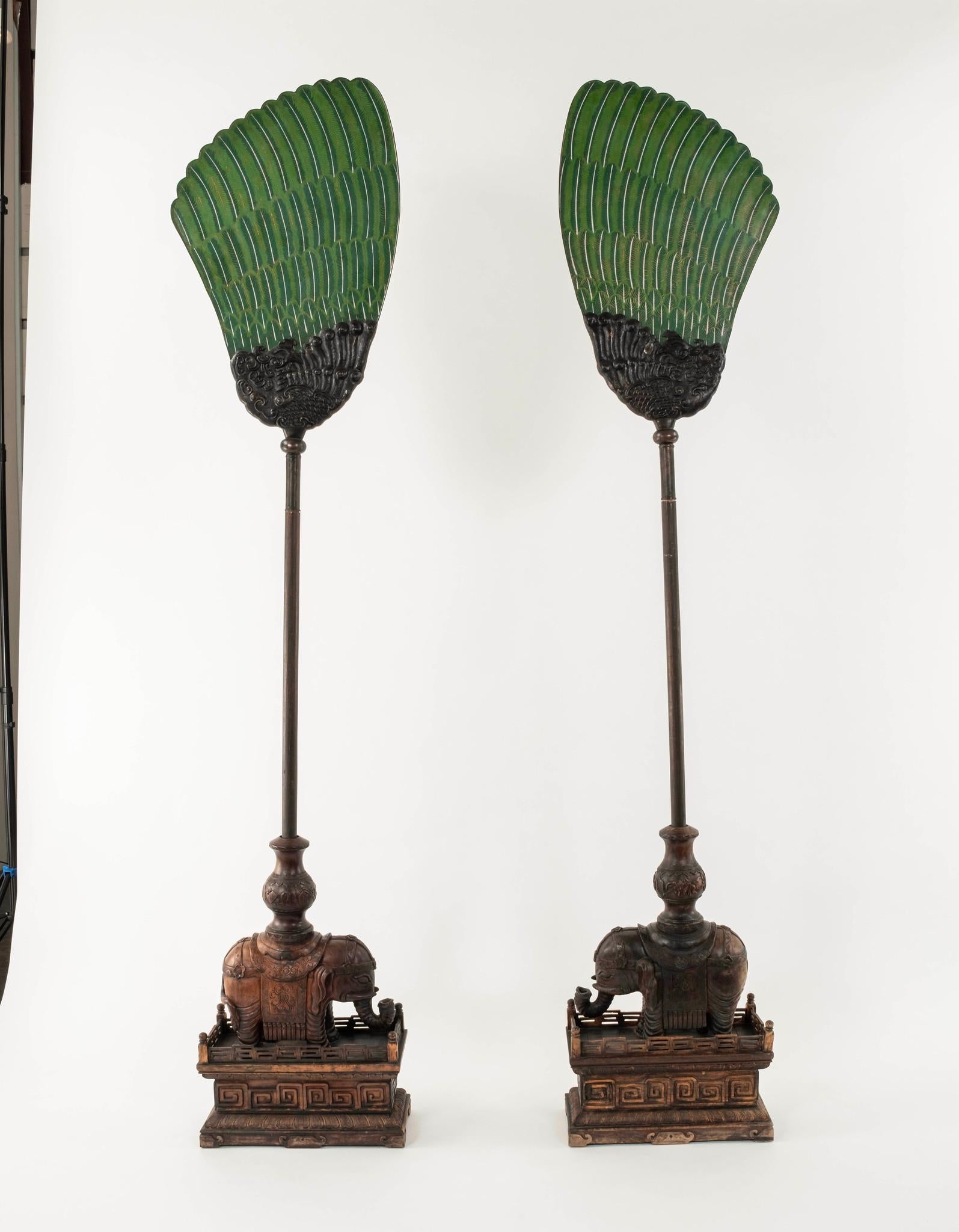Pair 19th Century Chinese Carved Zitan Elephants Bronze Cloisonné Palm Fans For Sale 4