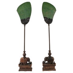 Pair 19th Century Chinese Carved Zitan Elephants Bronze Cloisonné Palm Fans