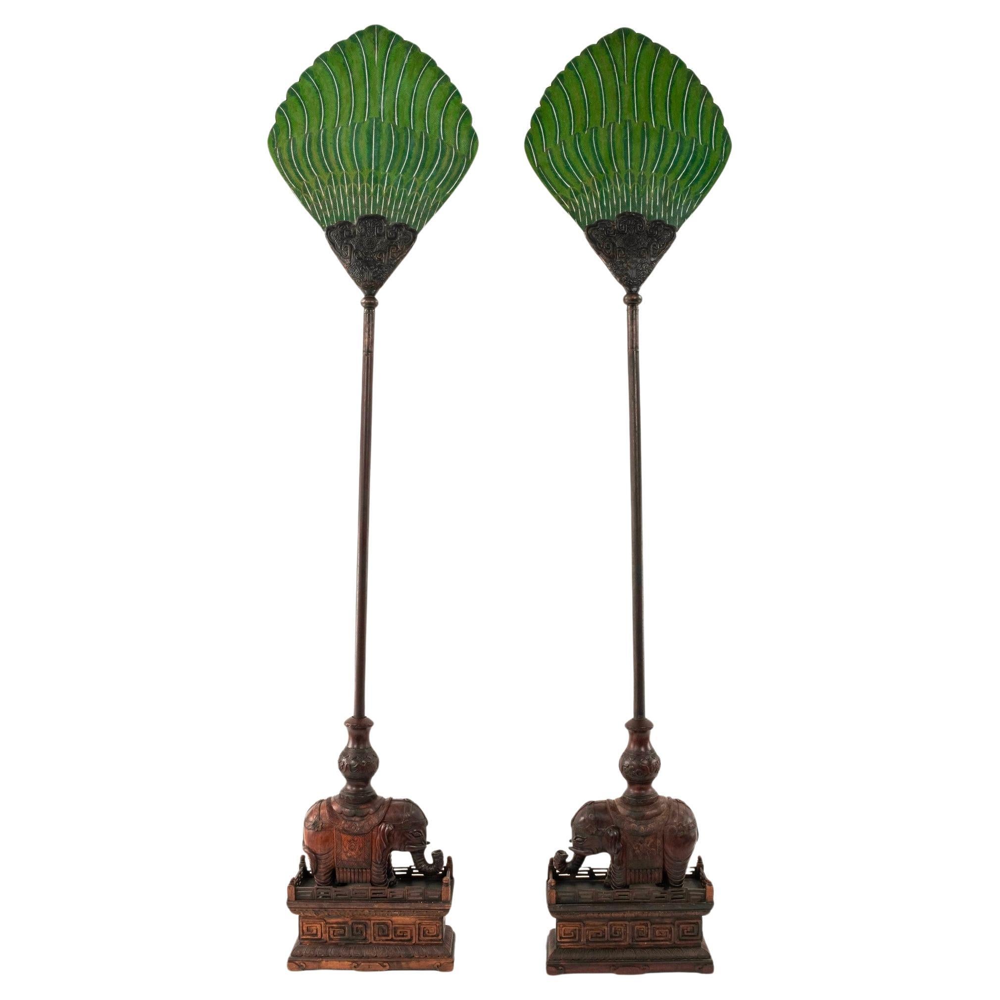 Pair 19th Century Chinese Carved Zitan Elephants Bronze Cloisonné Palm Fans For Sale