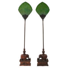 Pair 19th Century Chinese Carved Zitan Elephants Bronze Cloisonné Palm Fans