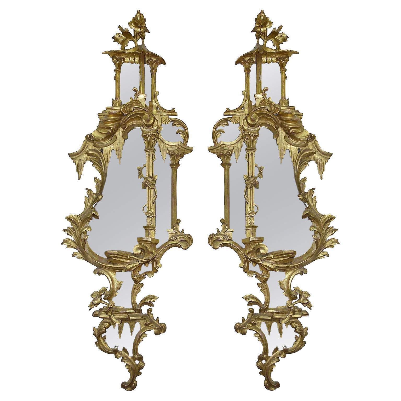 Pair 19TH Century Chinese Chippendale Style Carved Giltwood Girondole in vendita