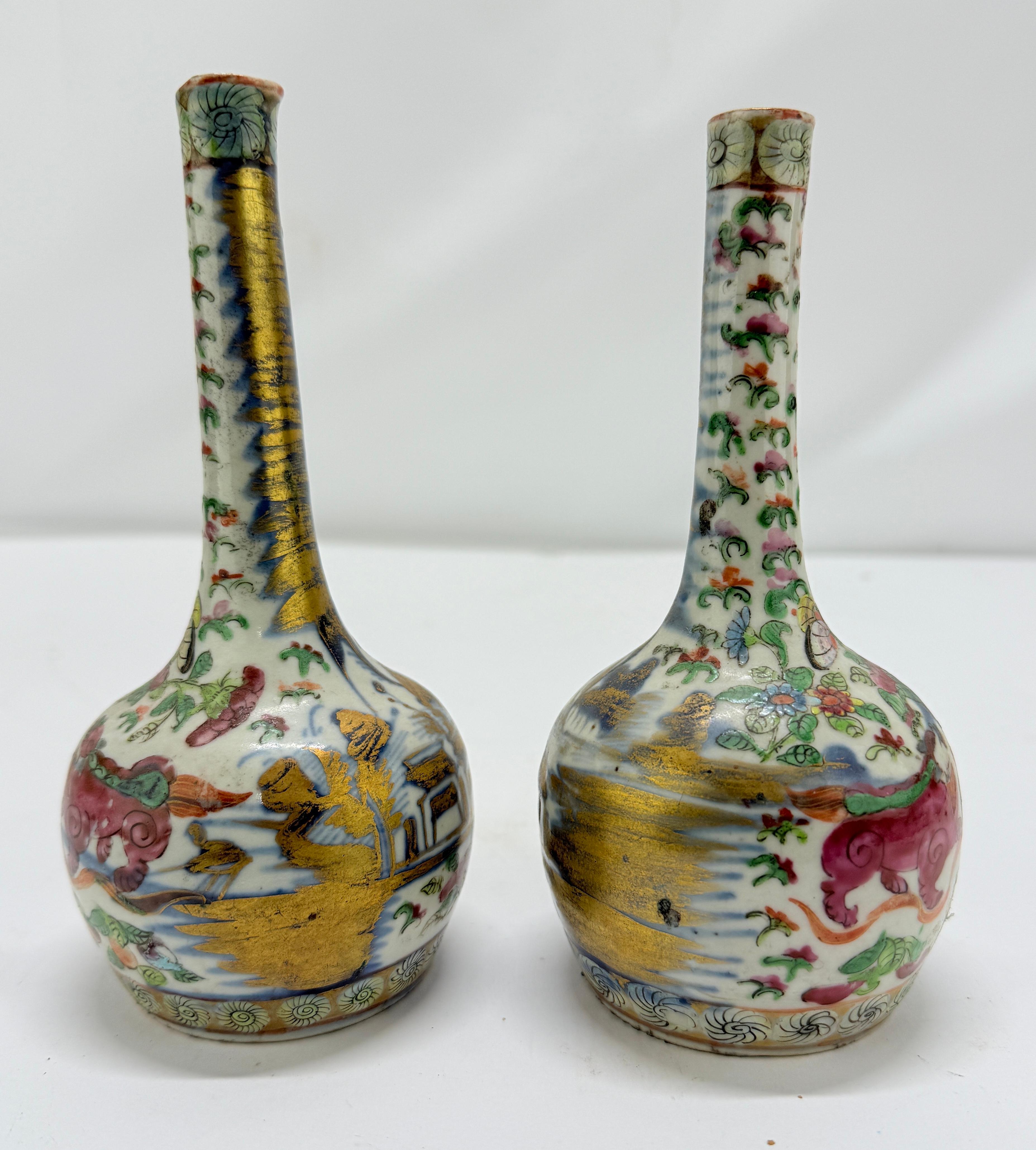 Chinese Export Pair, 19th Century Chinese Clobbered Rose Medallion Bottle Vases For Sale