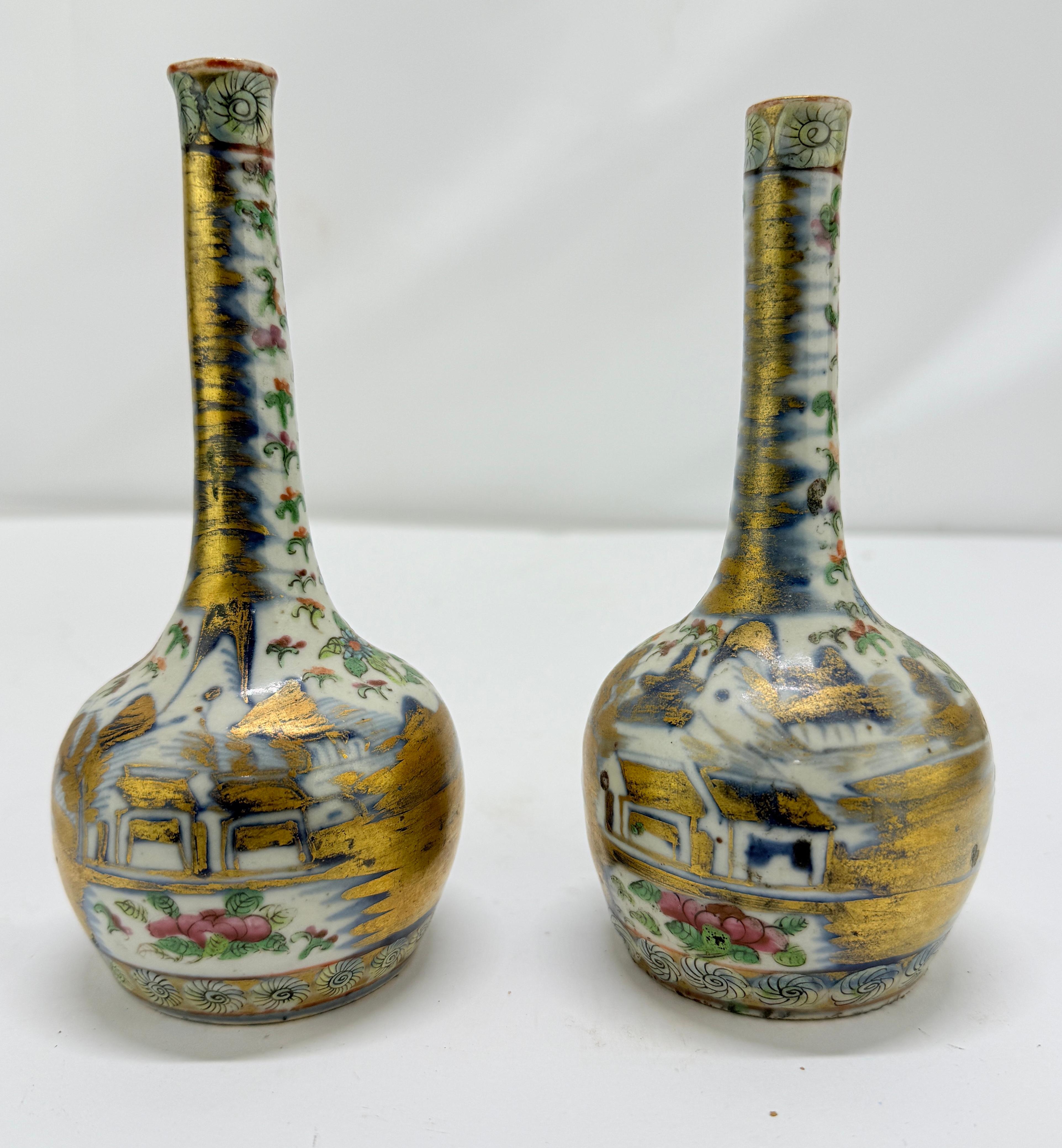 Pair, 19th Century Chinese Clobbered Rose Medallion Bottle Vases In Good Condition For Sale In Atlanta, GA