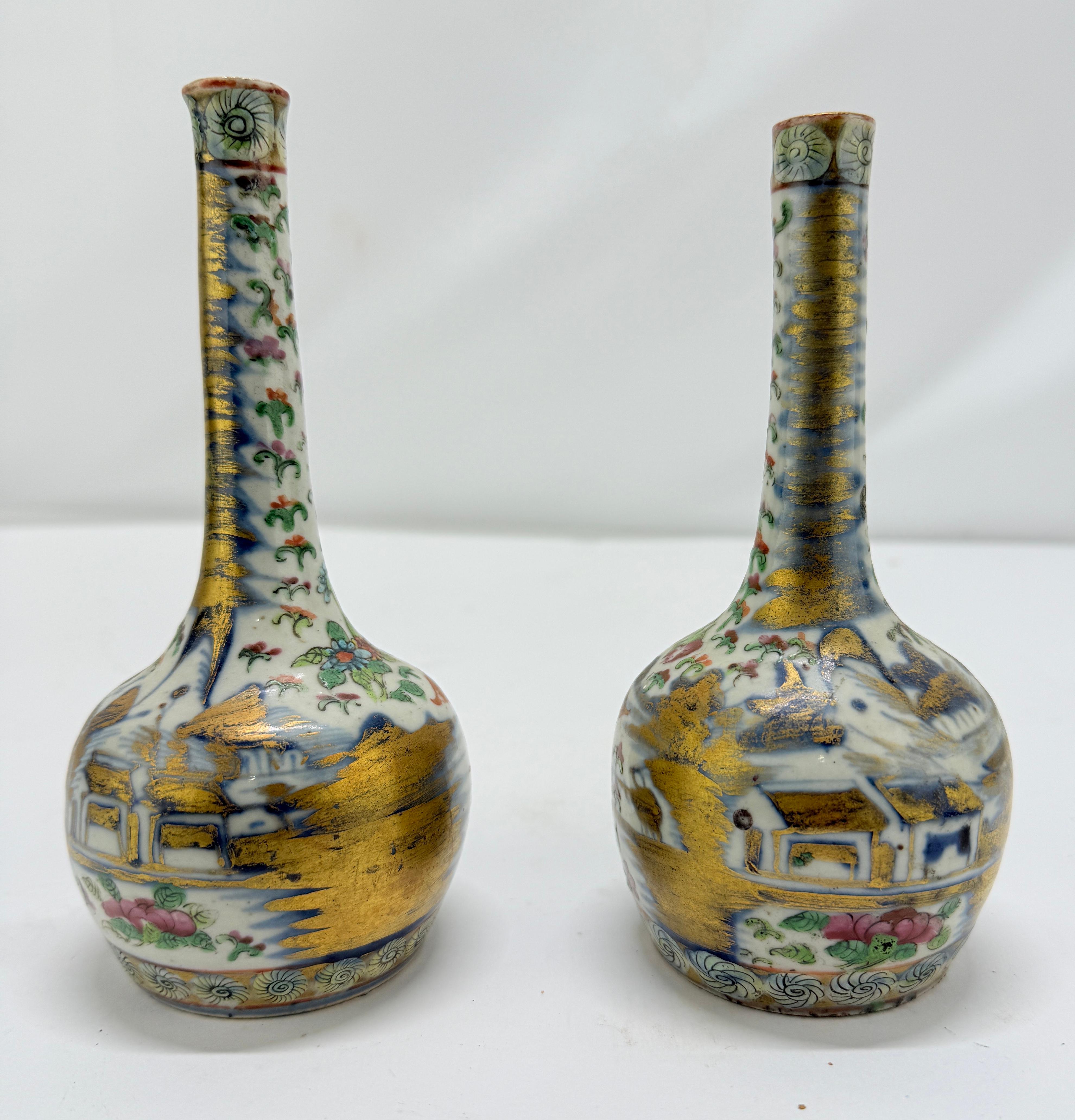 Porcelain Pair, 19th Century Chinese Clobbered Rose Medallion Bottle Vases For Sale