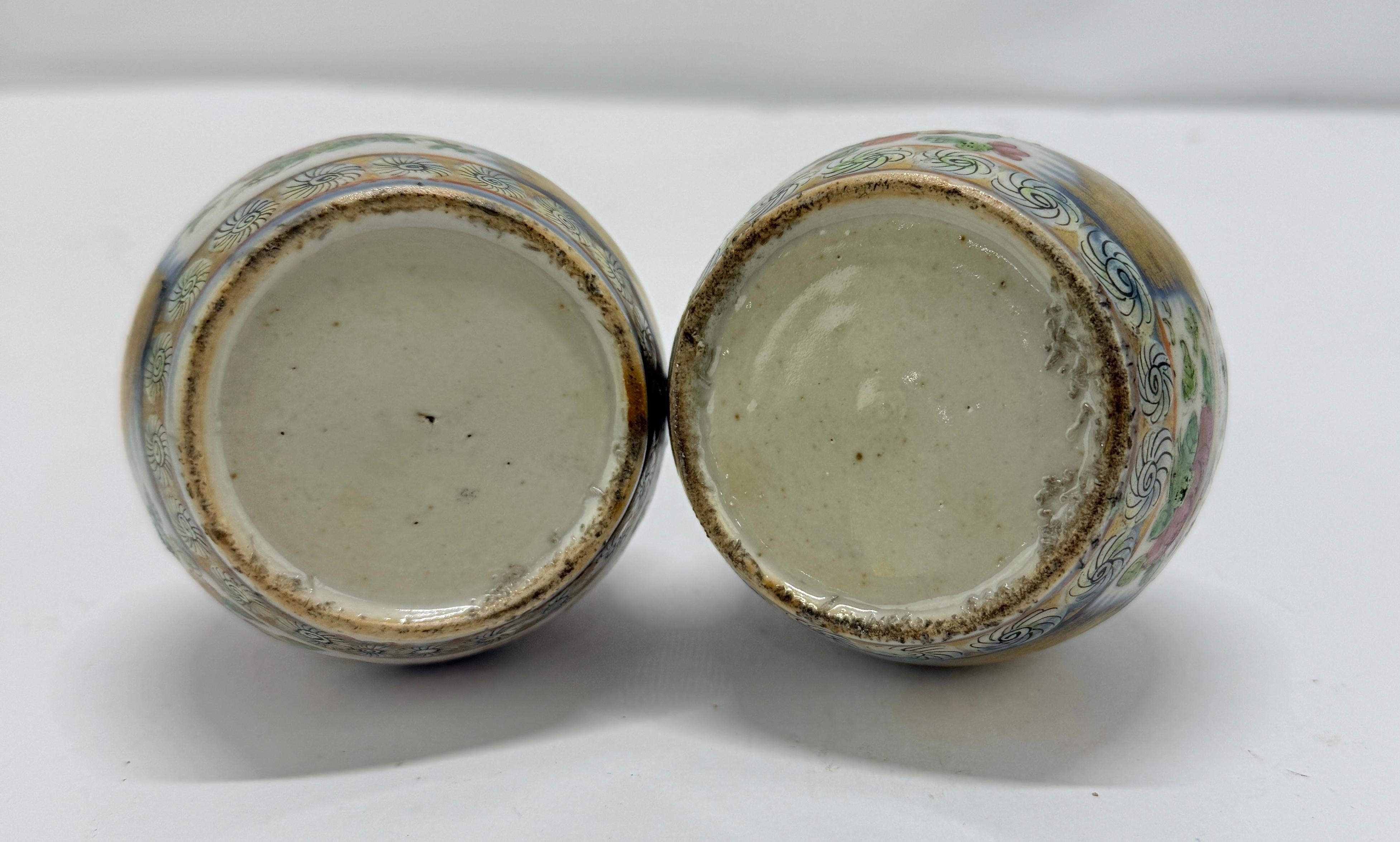 Pair, 19th Century Chinese Clobbered Rose Medallion Bottle Vases For Sale 1