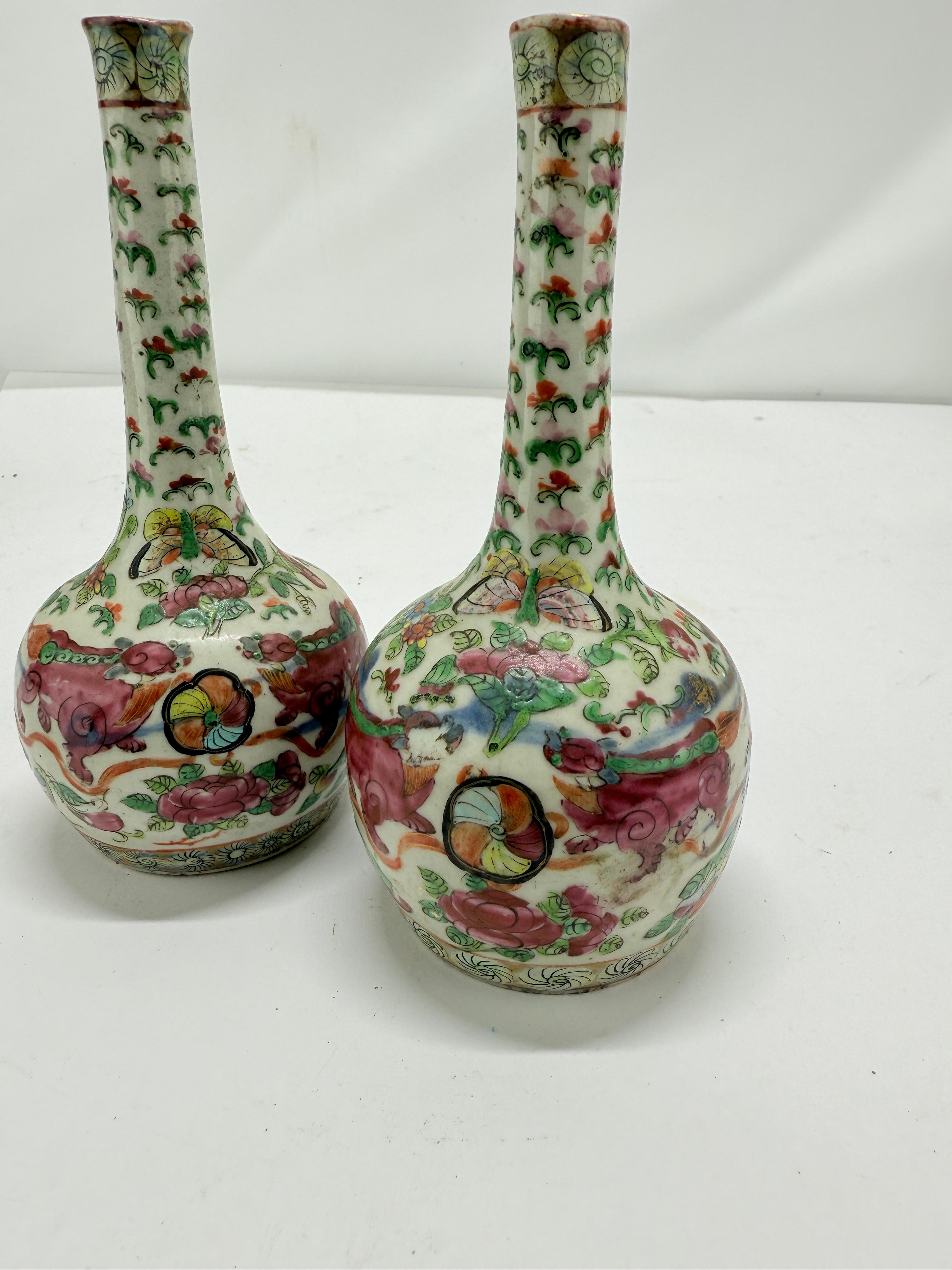 Pair, 19th Century Chinese Clobbered Rose Medallion Bottle Vases For Sale 2