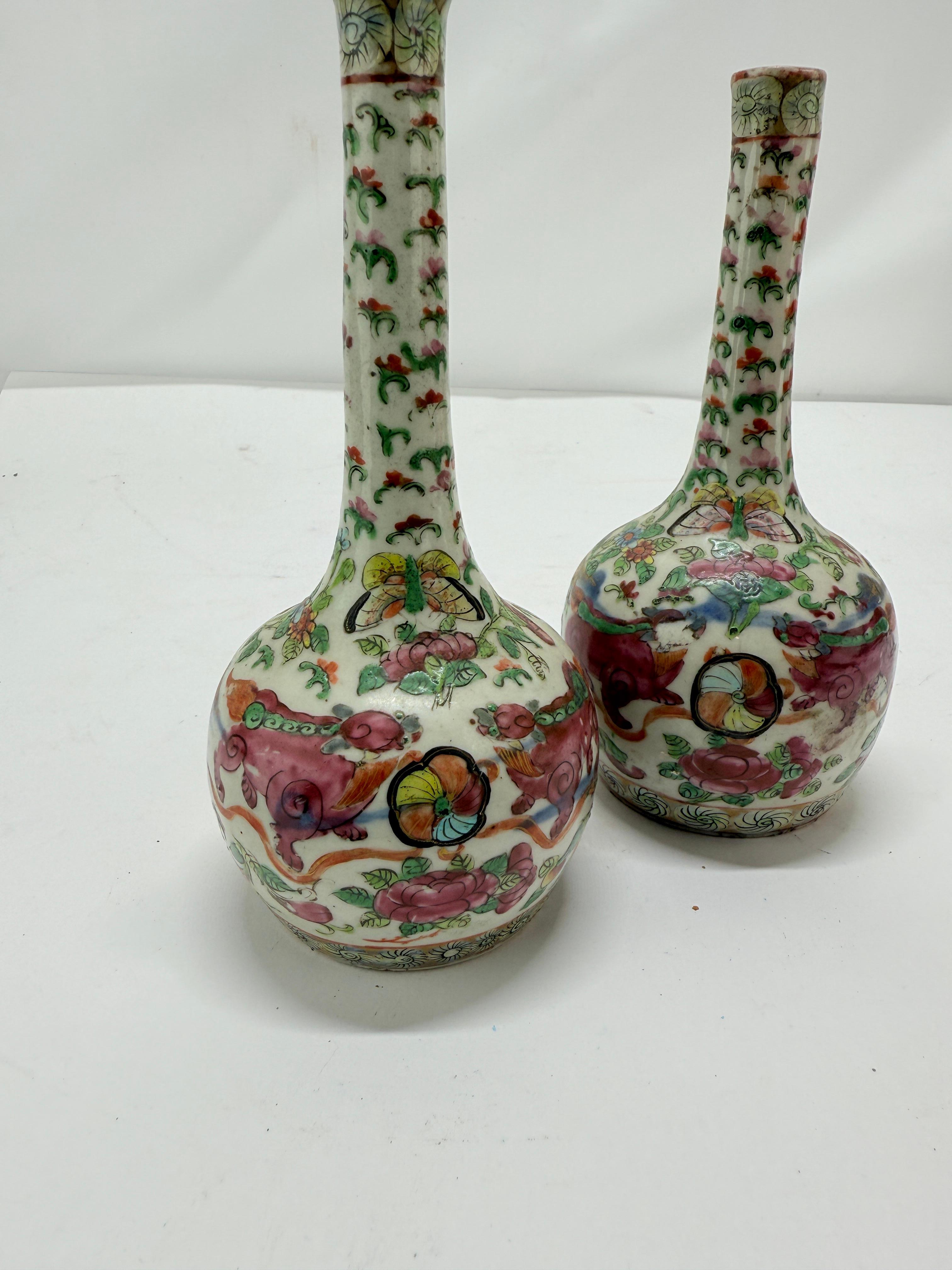 Pair, 19th Century Chinese Clobbered Rose Medallion Bottle Vases For Sale 3