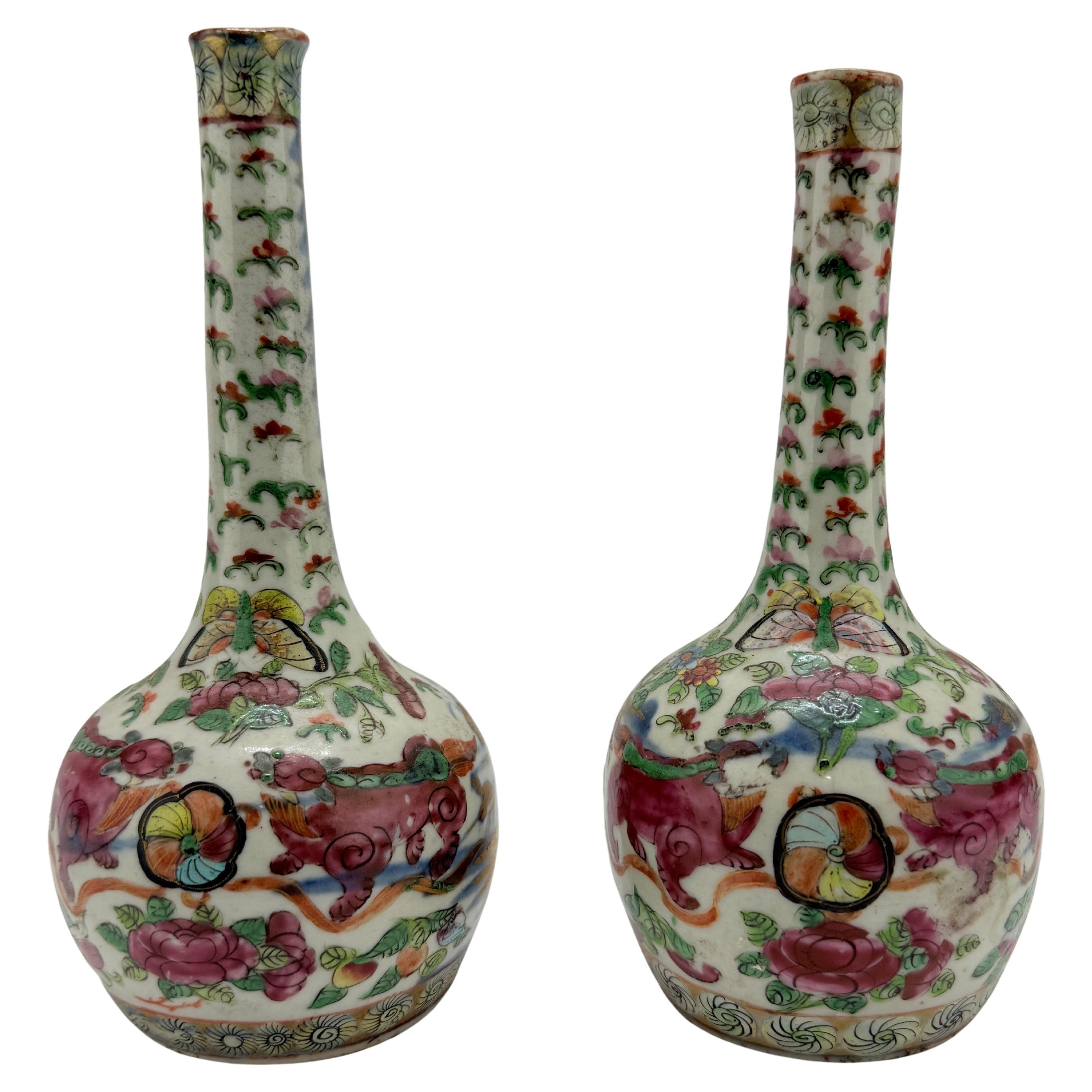 Pair, 19th Century Chinese Clobbered Rose Medallion Bottle Vases For Sale