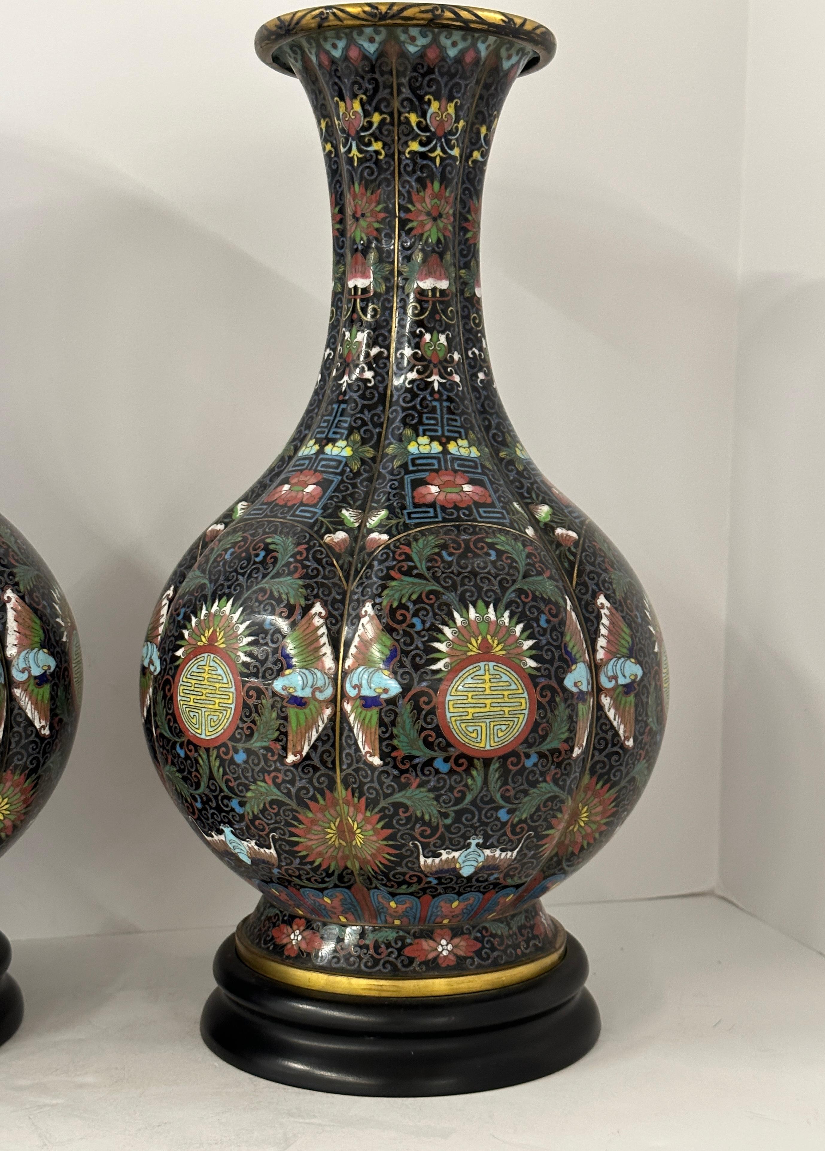Hand-Crafted Pair 19th Century Chinese Cloisonné Vases For Sale