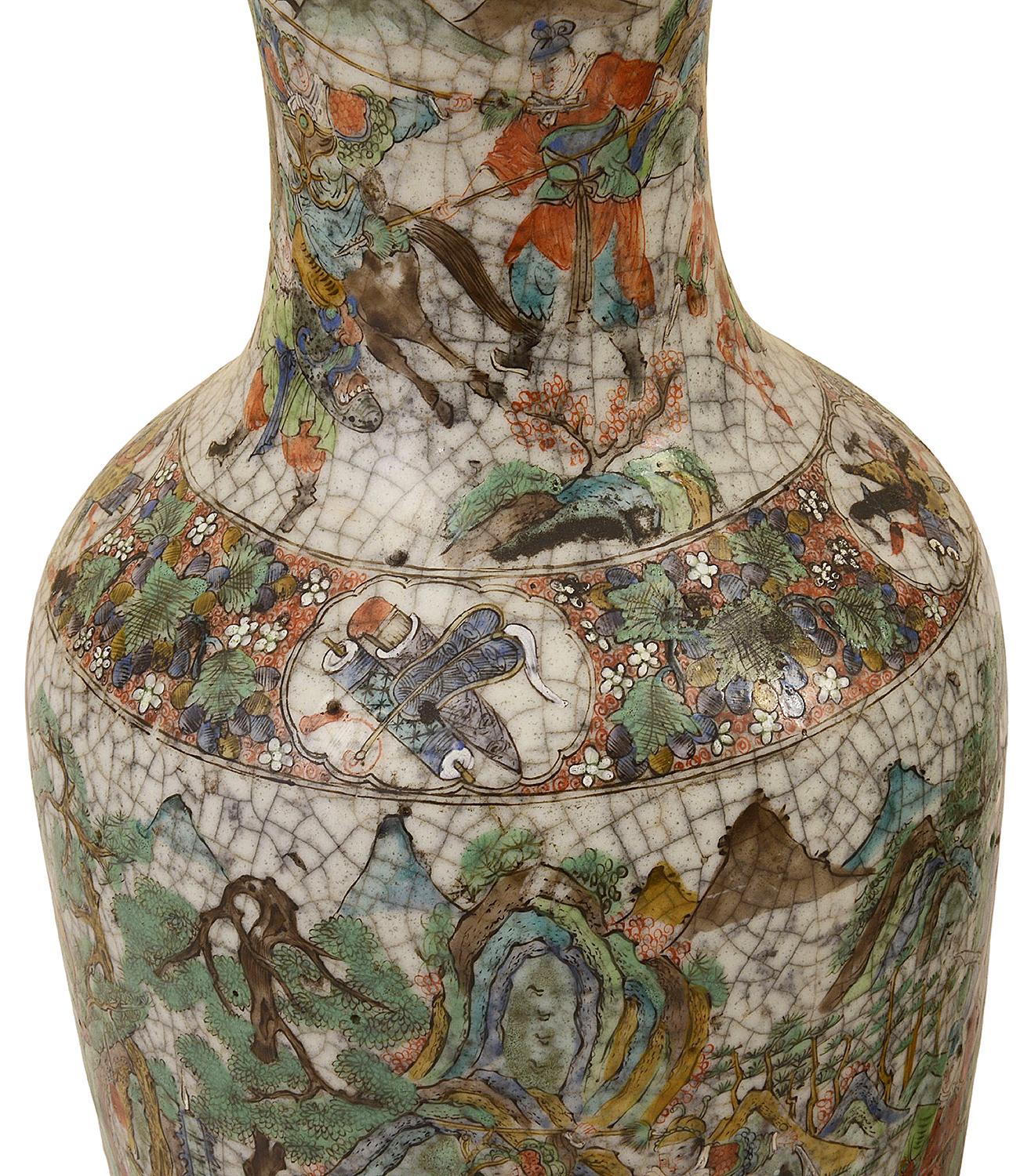 Hand-Painted Pair 19th Century Chinese Crackle Ware Vases